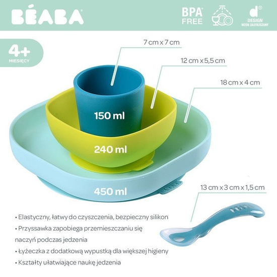 Beaba Komplet naczyń z silikonu z przyssawką blue