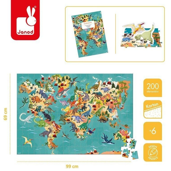 Puzzle edukacyjne z figurkami 3D Dinozaury 200 elementów 6+, Janod