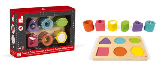 Puzzle sensoryczne drewniane "Kształty i dźwięki", Janod