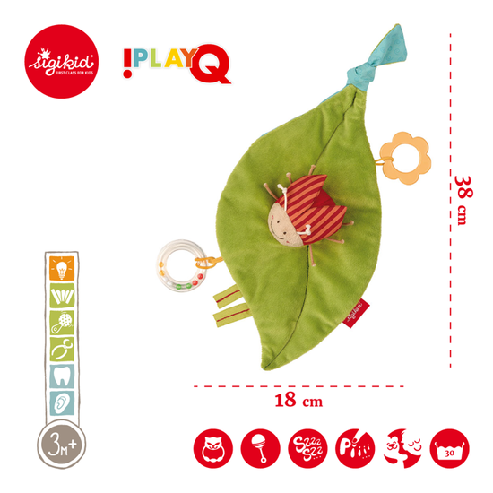 SIGIKID Aktywizująca zawieszka Liść do fotelika lub wózka z gryzakiem, grzechotką, piszczałką i szeleszczącą folią 3m+ PlayQ